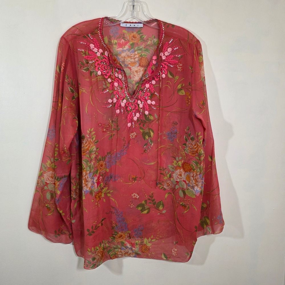 Cabi Women Silk Blouse Floral Embroidery Sequin‎ Boho Tunic Style 588 Size Large